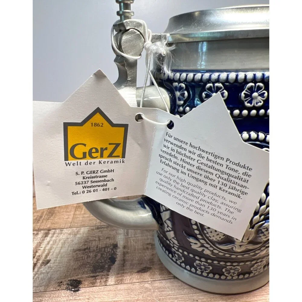 Handcrafted Gerz Stein Mug With Pewter Lid Ceramic 0.5L Germany Floral Design